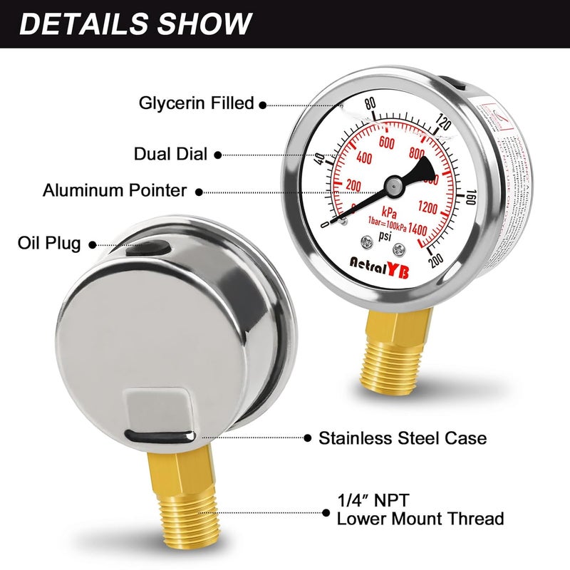 AetralYB 0-200 Psi 2-Inch Waterproof Pressure Gauge, Liquid-Filled, 1/4" NPT Lower Mount, Stainless Steel, Pressure Gauge for Water Pumps, Oil Systems, Pneumatic Air, and Pool Sand Filters - Image 5